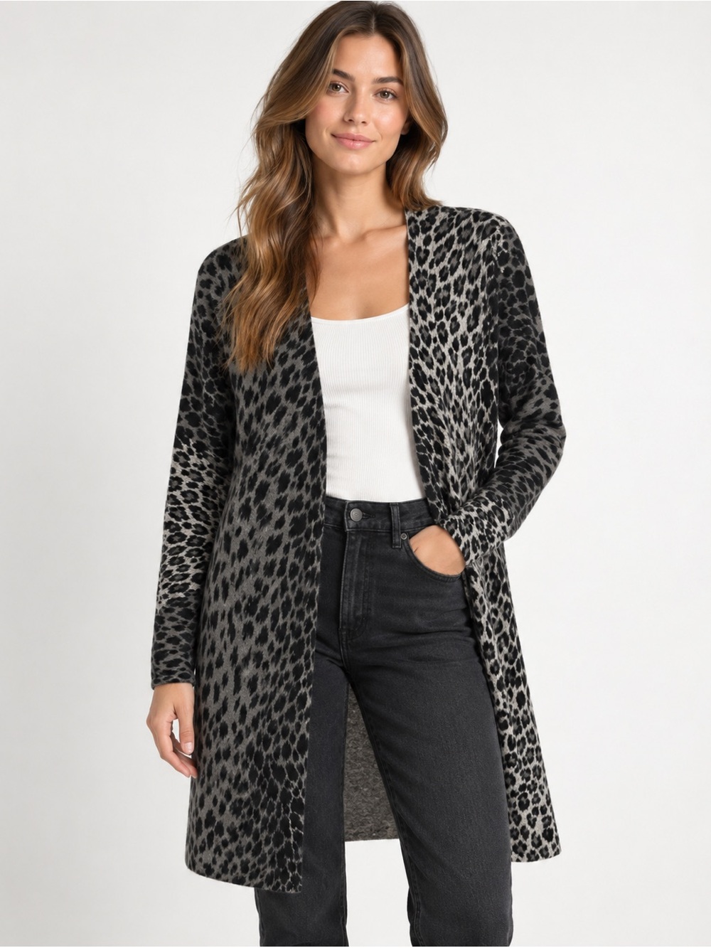 Garfield & Marks Cashmere Leopard Print Longline Cardigan Sweater Size M